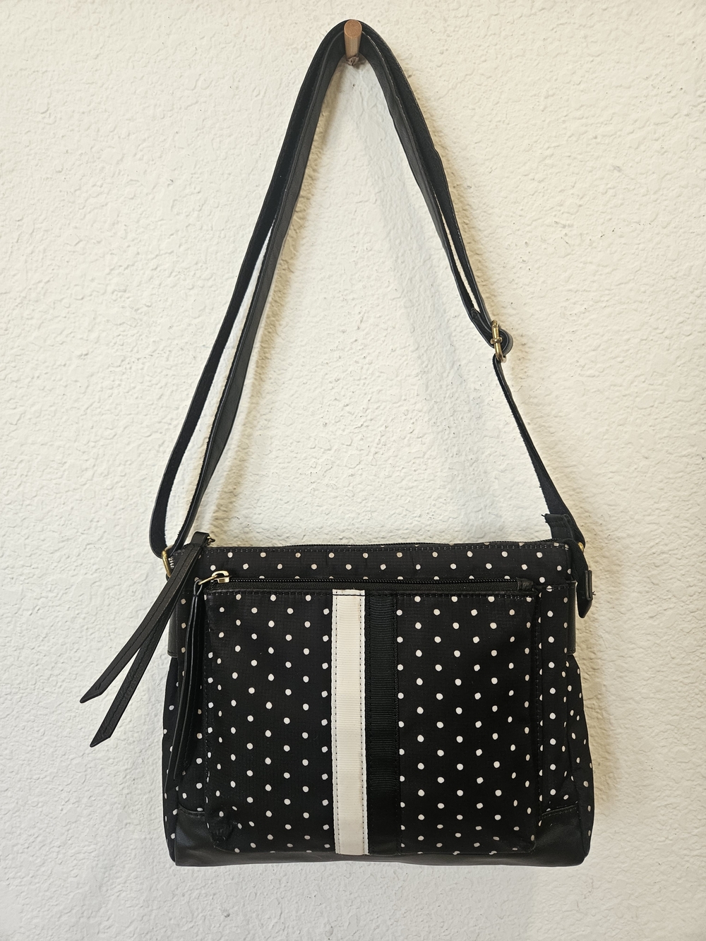 Fossil Jenna Crossbody Bag Black White Polka Dot Stripe Synthetic Textile ZB1311